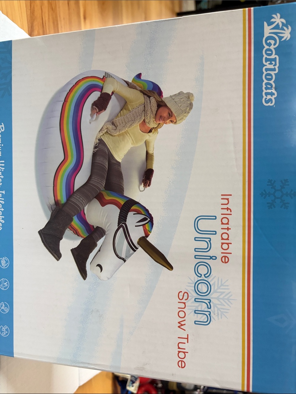 Inflatable Unicorn Snow Tube - White with Rainbow Mane